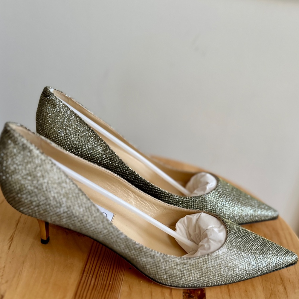 NIB Jimmy Choo Glitter Kitten Heel Pumps in Light Bronze Sz 37 BRAND NEW!